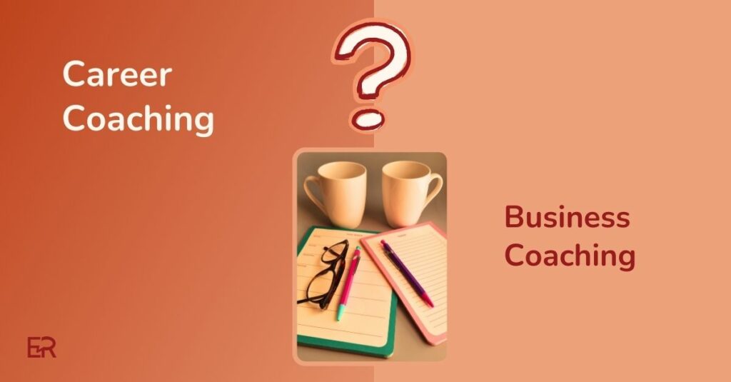 Picture with career coaching on the left and business coaching on the right and an exclamation mark in the middle and a picture with 2 mugs, 2 notepads and 2 pens to indicate a choice between two coaching modes