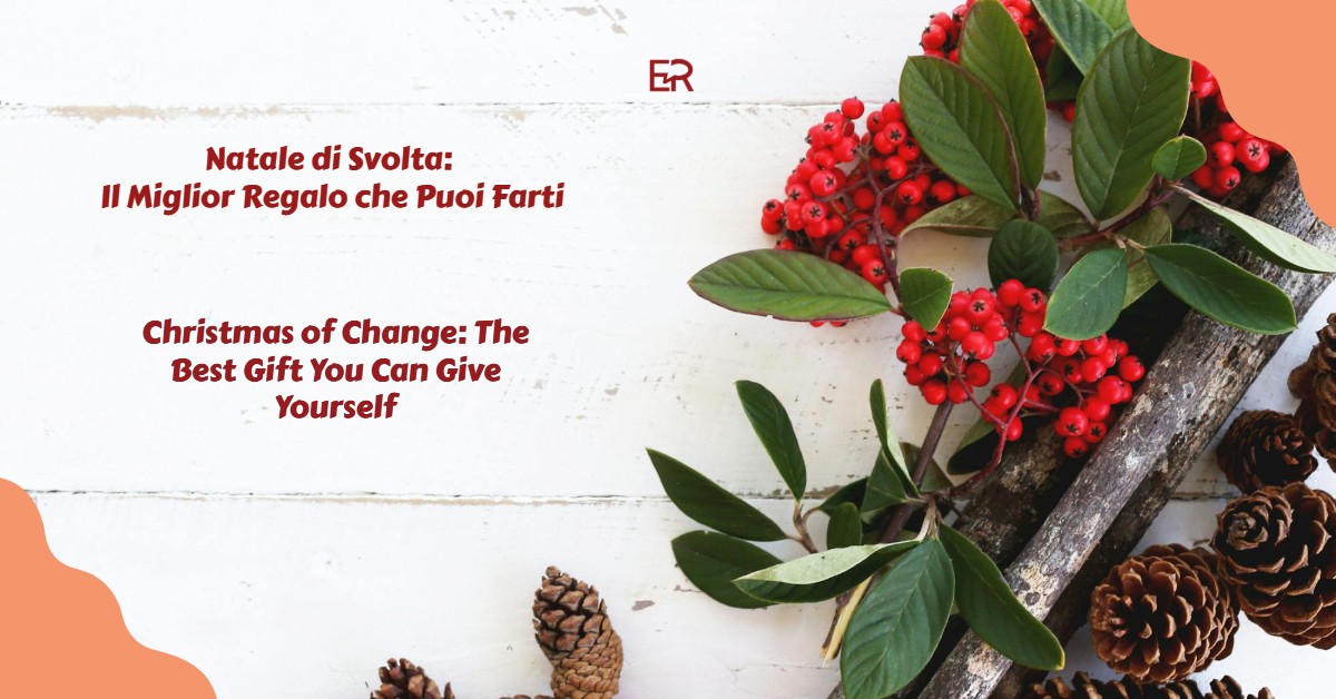 Script: Turning Christmas, the best gift you can give yourself; with images of pine cones and red berries for a fresh start with coaching, and start the New Year on a high note